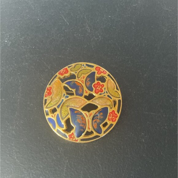 Vintage Gold Enamel Butterfly & Floral Round Brooch Pin - Picture 1 of 4